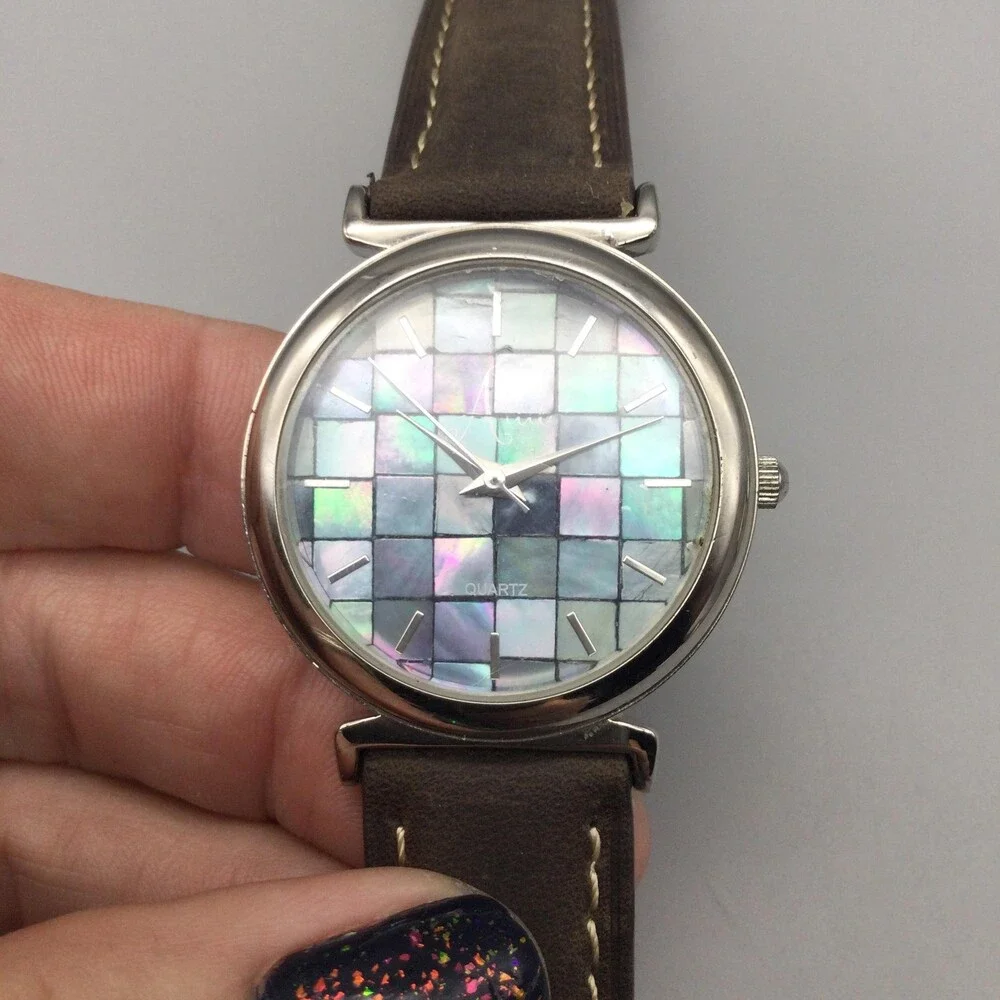 Aria Womens Watch 34mm Abalone Mosaic Dial Brown Leather Band New Battery